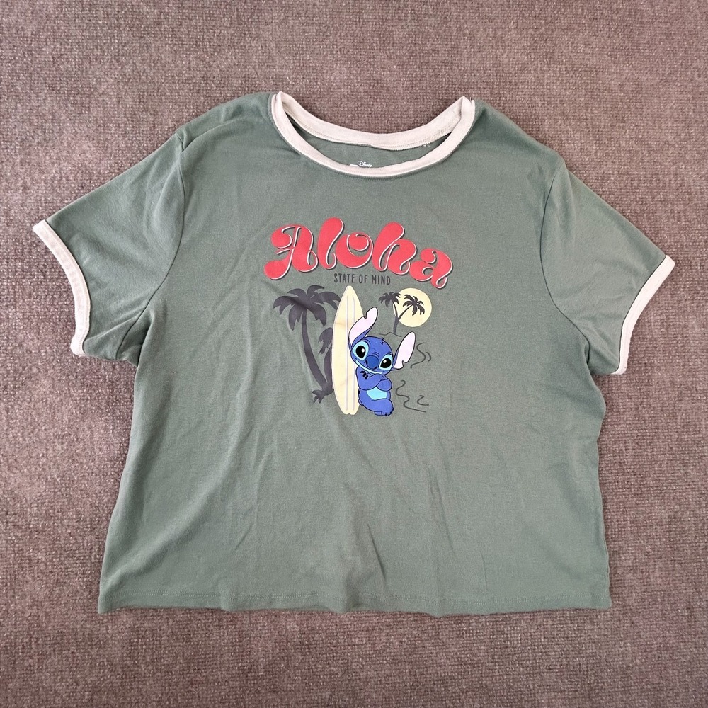 Disney T-Shirt Women 2XL Green Lilo & Stitch Graphic Round Neck Short Sleeve